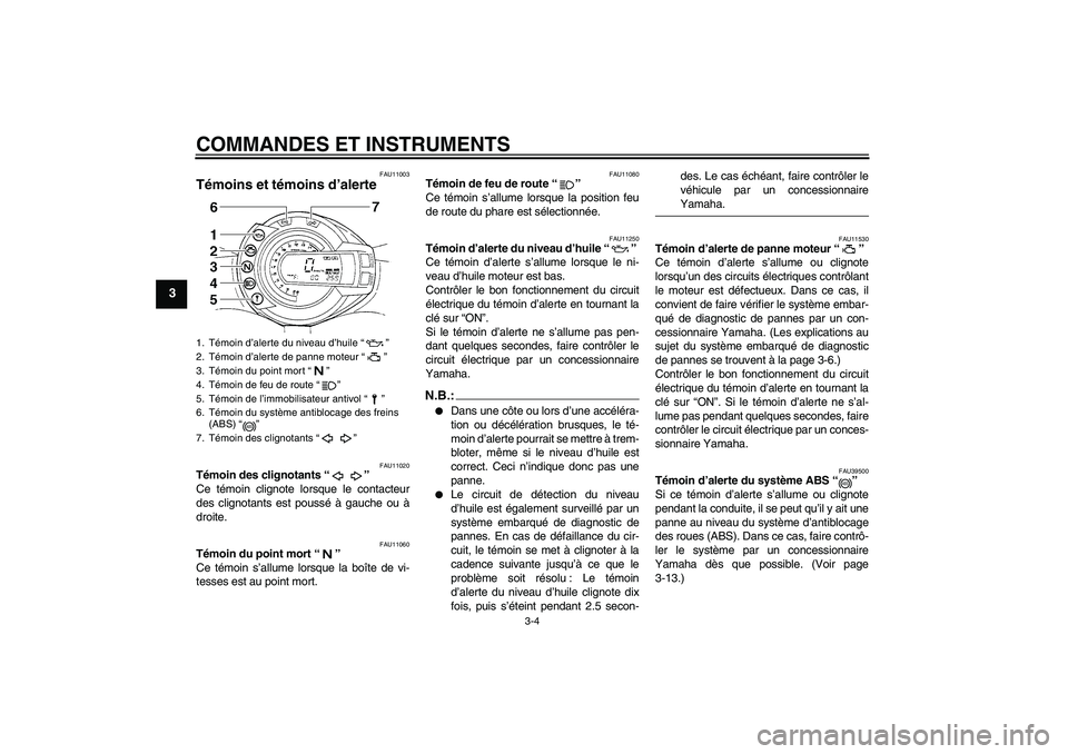 YAMAHA FZ6 S 2007  Notices Demploi (in French) COMMANDES ET INSTRUMENTS
3-4
3
FAU11003
Témoins et témoins d’alerte 
FAU11020
Témoin des clignotants “” 
Ce témoin clignote lorsque le contacteur
des clignotants est poussé à gauche ou à
