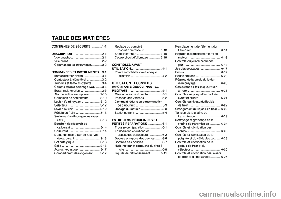 YAMAHA FZ6 S 2007  Notices Demploi (in French) TABLE DES MATIÈRESCONSIGNES DE SÉCURITÉ ............1-1
DESCRIPTION ..................................2-1
Vue gauche .....................................2-1
Vue droite ............................