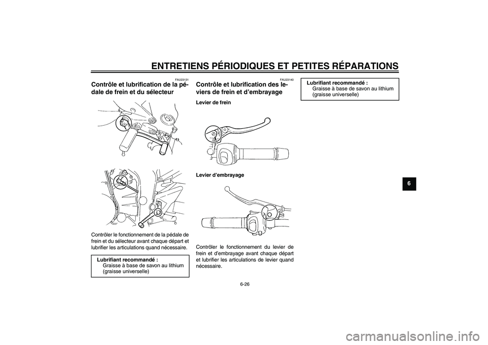 YAMAHA FZ6 S 2007  Notices Demploi (in French) ENTRETIENS PÉRIODIQUES ET PETITES RÉPARATIONS
6-26
6
FAU23131
Contrôle et lubrification de la pé-
dale de frein et du sélecteur Contrôler le fonctionnement de la pédale de
frein et du sélecteu
