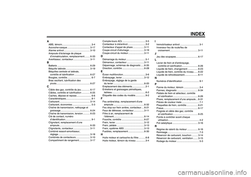 YAMAHA FZ6 S 2007  Notices Demploi (in French) INDEX
AABS, témoin............................................ 3-4
Accroche-casque .................................. 3-17
Alarme antivol ....................................... 3-10
Ampoule d’écl
