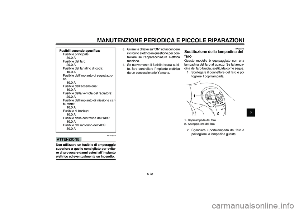YAMAHA FZ6 S 2007  Manuale duso (in Italian) MANUTENZIONE PERIODICA E PICCOLE RIPARAZIONI
6-32
6
ATTENZIONE:
HCA10640
Non utilizzare un fusibile di amperaggio
superiore a quello consigliato per evita-
re di provocare danni estesi all’impiantoe