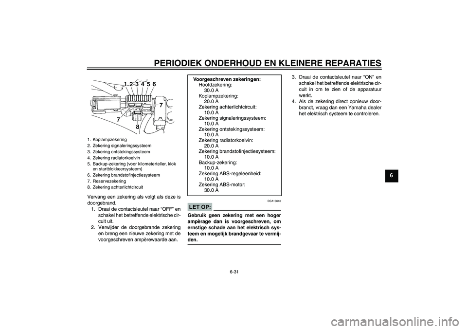 YAMAHA FZ6 S 2007  Instructieboekje (in Dutch) PERIODIEK ONDERHOUD EN KLEINERE REPARATIES
6-31
6
Vervang een zekering als volgt als deze is
doorgebrand.
1. Draai de contactsleutel naar “OFF” en
schakel het betreffende elektrische cir-
cuit uit