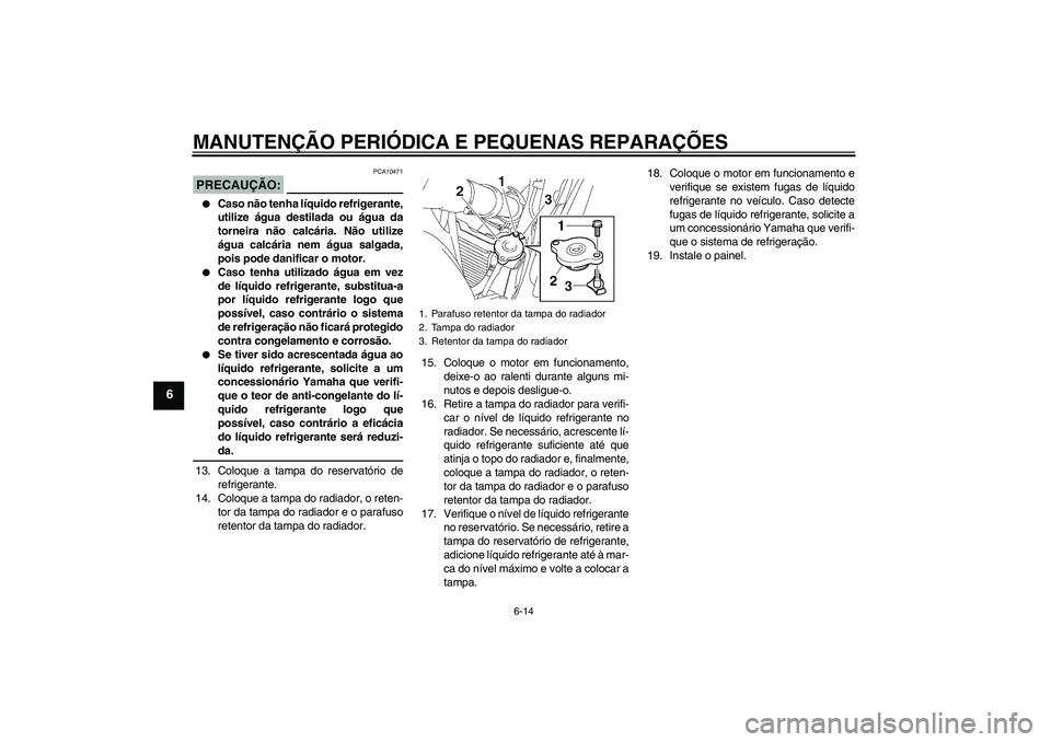 YAMAHA FZ6 S 2007  Manual de utilização (in Portuguese) MANUTENÇÃO PERIÓDICA E PEQUENAS REPARAÇÕES
6-14
6
PRECAUÇÃO:
PCA10471

Caso não tenha líquido refrigerante,
utilize água destilada ou água da
torneira não calcária. Não utilize
água ca