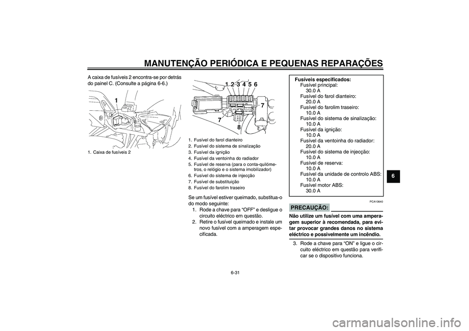 YAMAHA FZ6 S 2007  Manual de utilização (in Portuguese) MANUTENÇÃO PERIÓDICA E PEQUENAS REPARAÇÕES
6-31
6
A caixa de fusíveis 2 encontra-se por detrás
do painel C. (Consulte a página 6-6.)
Se um fusível estiver queimado, substitua-o
do modo seguin