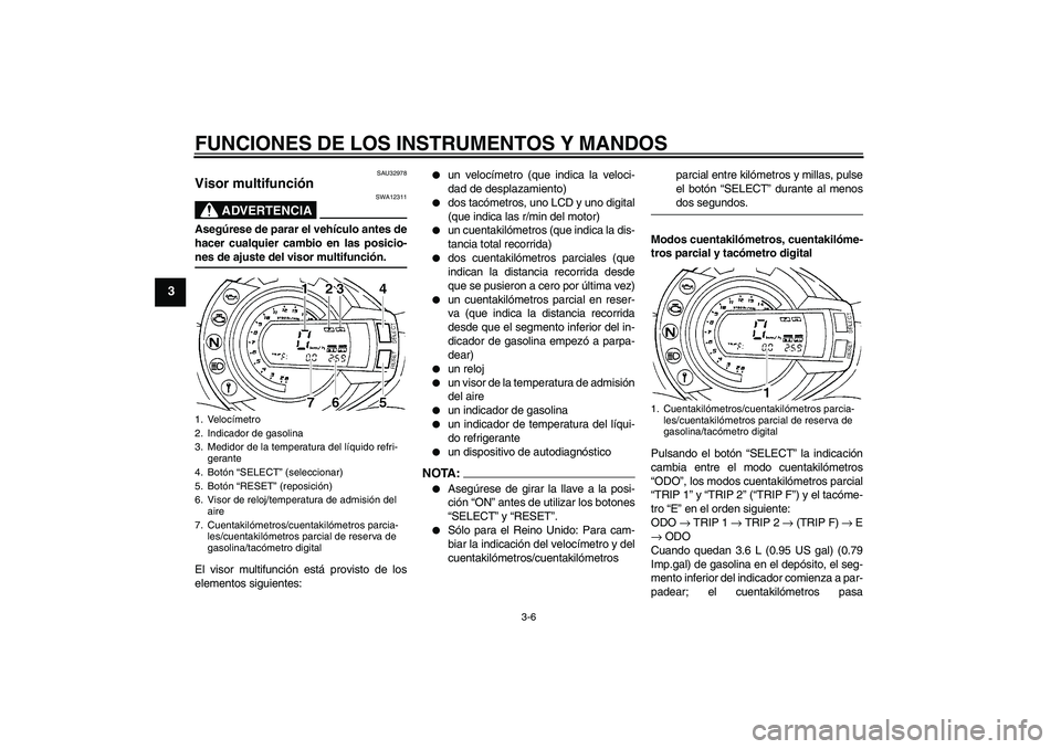 YAMAHA FZ6 S 2006 Manuale de Empleo (in Spanish) FUNCIONES DE LOS INSTRUMENTOS Y MANDOS
3-6
3
SAU32978
Visor multifunción
ADVERTENCIA
SWA12311
Asegúrese de parar el vehículo antes de
hacer cualquier cambio en las posicio-nes de ajuste del visor YAMAHA FZ6 S 2006 Manuale de Empleo (in Spanish) FUNCIONES DE LOS INSTRUMENTOS Y MANDOS
3-6
3
SAU32978
Visor multifunción
ADVERTENCIA
SWA12311
Asegúrese de parar el vehículo antes de
hacer cualquier cambio en las posicio-nes de ajuste del visor