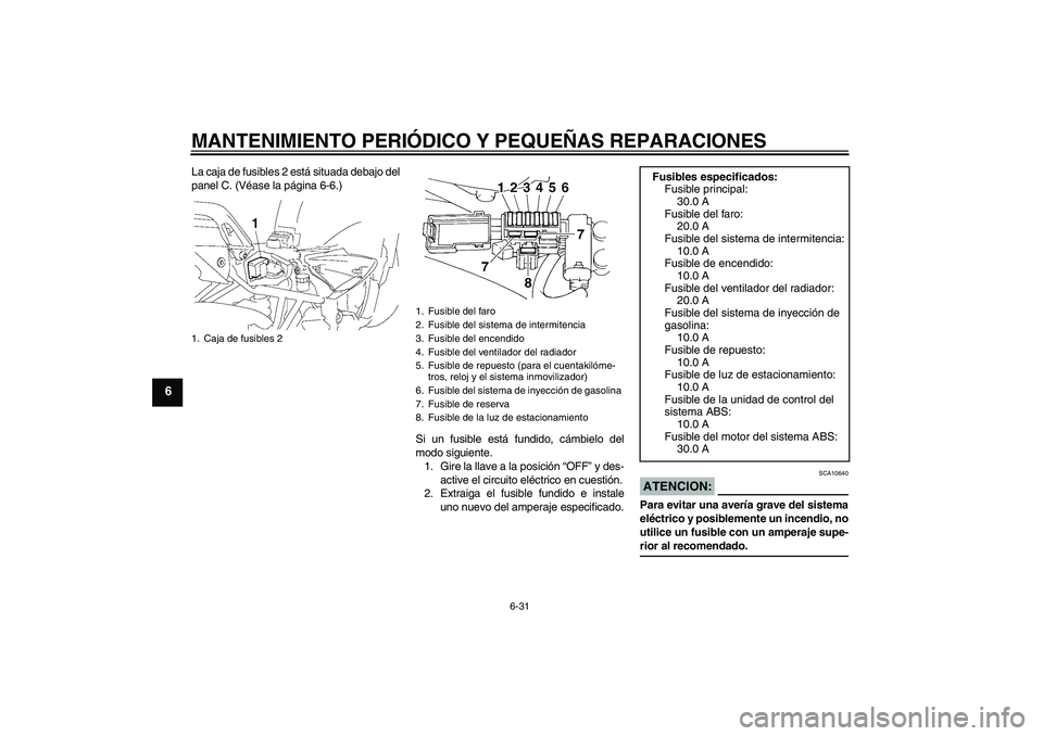 YAMAHA FZ6 S 2006  Manuale de Empleo (in Spanish) MANTENIMIENTO PERIÓDICO Y PEQUEÑAS REPARACIONES
6-31
6
La caja de fusibles 2 está situada debajo del
panel C. (Véase la página 6-6.)
Si un fusible está fundido, cámbielo del
modo siguiente.
1. 