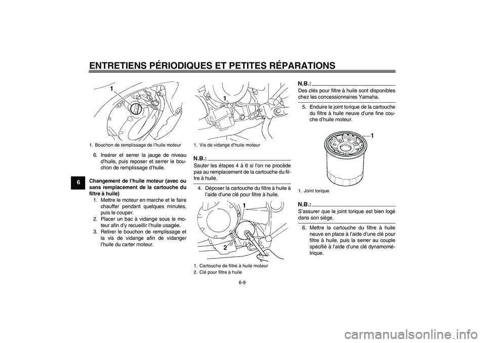 YAMAHA FZ6 S 2006  Notices Demploi (in French) ENTRETIENS PÉRIODIQUES ET PETITES RÉPARATIONS
6-9
6
6. Insérer et serrer la jauge de niveau
d’huile, puis reposer et serrer le bou-
chon de remplissage d’huile.
Changement de l’huile moteur (