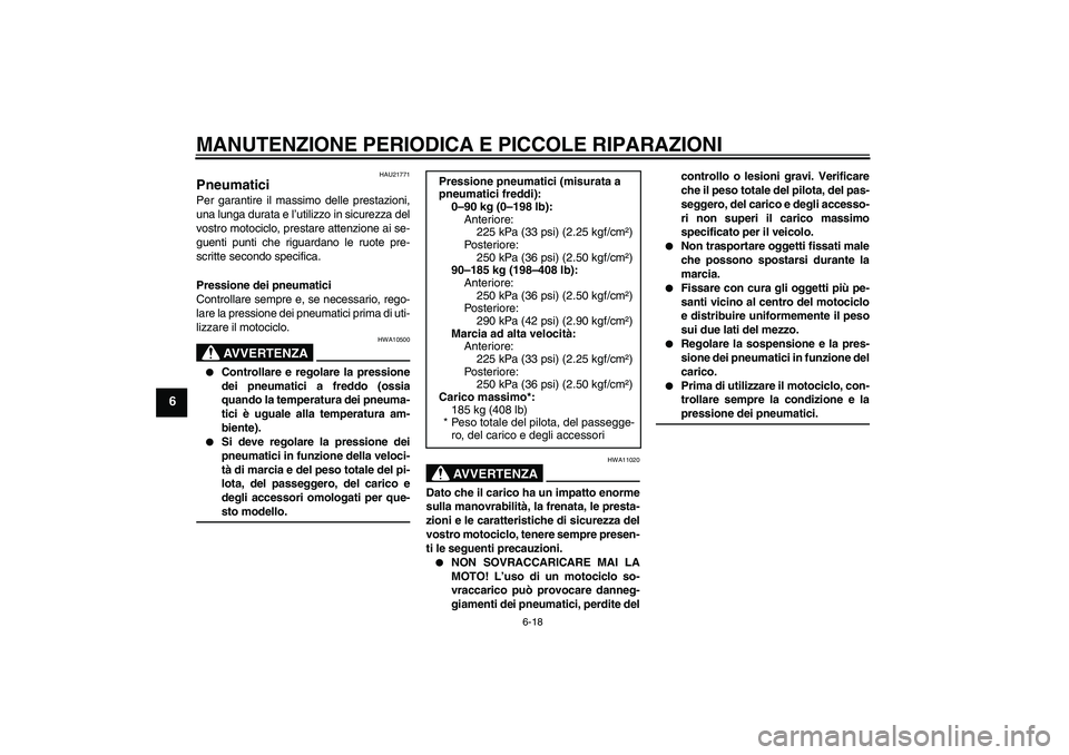 YAMAHA FZ6 S 2006  Manuale duso (in Italian) MANUTENZIONE PERIODICA E PICCOLE RIPARAZIONI
6-18
6
HAU21771
Pneumatici Per garantire il massimo delle prestazioni,
una lunga durata e l’utilizzo in sicurezza del
vostro motociclo, prestare attenzio