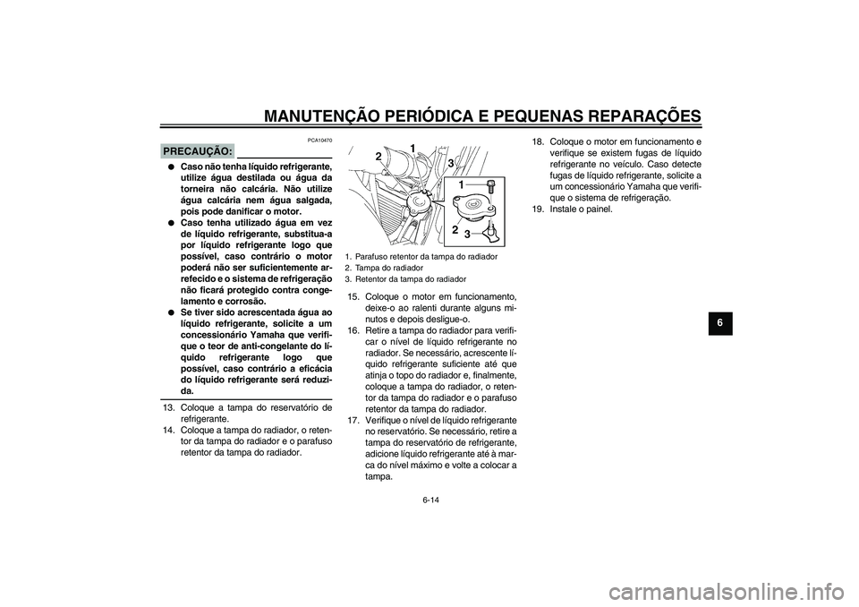 YAMAHA FZ6 S 2006  Manual de utilização (in Portuguese) MANUTENÇÃO PERIÓDICA E PEQUENAS REPARAÇÕES
6-14
6
PRECAUÇÃO:
PCA10470

Caso não tenha líquido refrigerante,
utilize água destilada ou água da
torneira não calcária. Não utilize
água ca