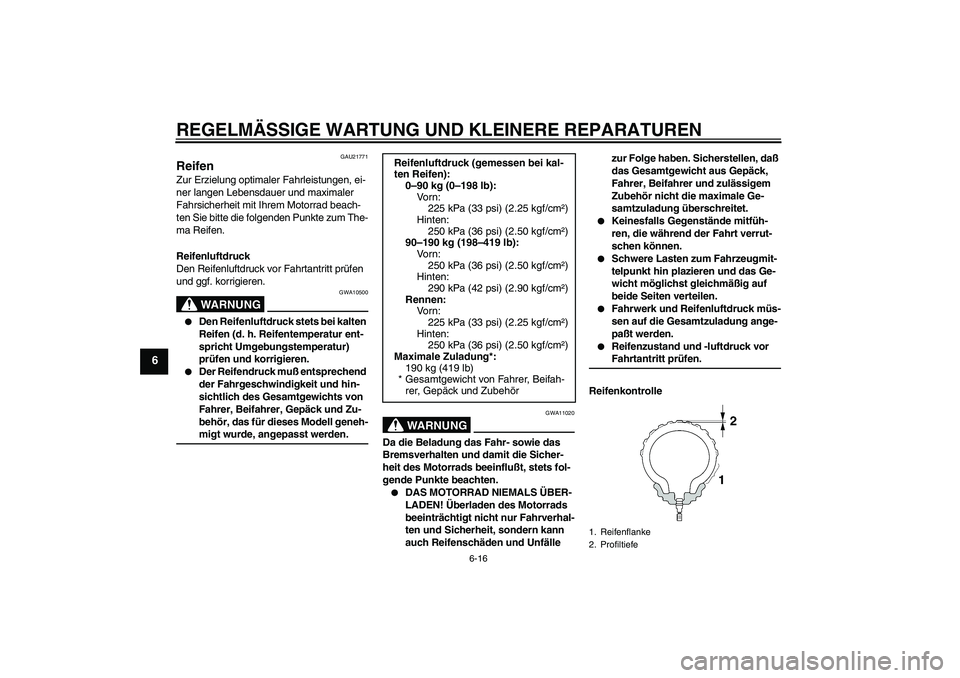 YAMAHA FZ6 S 2005 Betriebsanleitungen (in German) REGELMÄSSIGE WARTUNG UND KLEINERE REPARATUREN
6-16
6
GAU21771
Reifen Zur Erzielung optimaler Fahrleistungen, ei-
ner langen Lebensdauer und maximaler
Fahrsicherheit mit Ihrem Motorrad beach-
ten Sie YAMAHA FZ6 S 2005 Betriebsanleitungen (in German) REGELMÄSSIGE WARTUNG UND KLEINERE REPARATUREN
6-16
6
GAU21771
Reifen Zur Erzielung optimaler Fahrleistungen, ei-
ner langen Lebensdauer und maximaler
Fahrsicherheit mit Ihrem Motorrad beach-
ten Sie