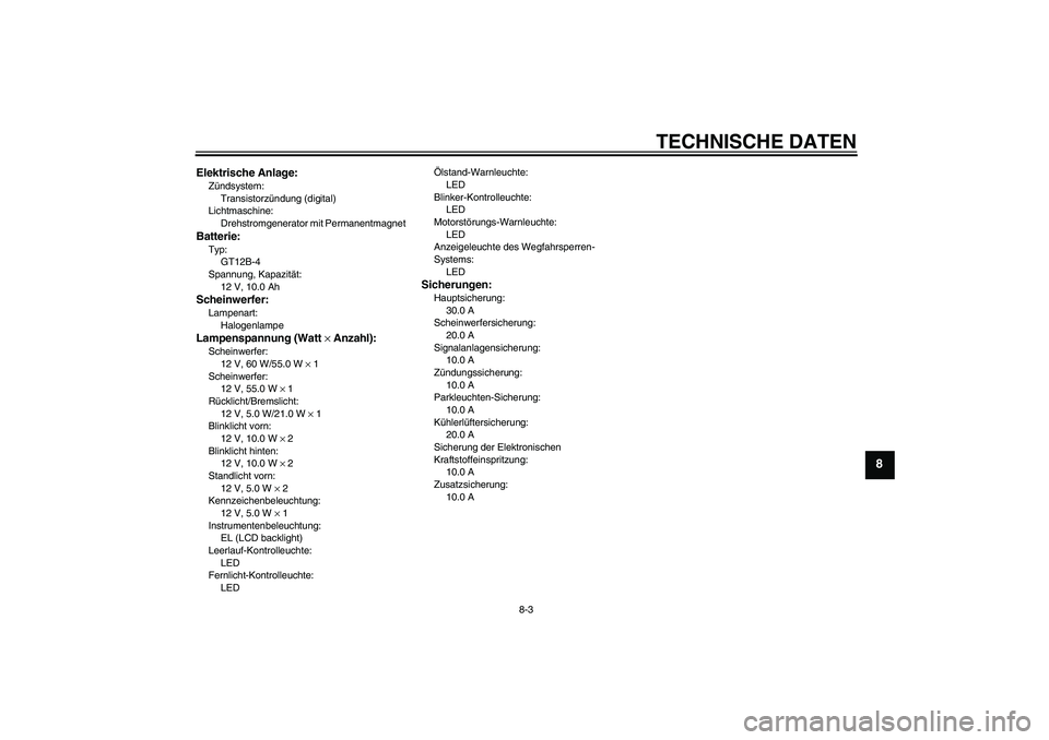 YAMAHA FZ6 S 2005  Betriebsanleitungen (in German) TECHNISCHE DATEN
8-3
8
Elektrische Anlage:Zündsystem:
Transistorzündung (digital)
Lichtmaschine:
Drehstromgenerator mit PermanentmagnetBatterie:Typ:
GT12B-4
Spannung, Kapazität:
12 V, 10.0 AhSchein