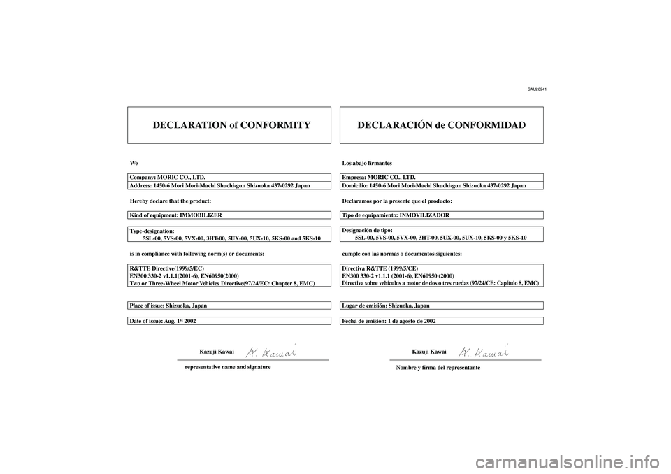 YAMAHA FZ6 S 2005  Manuale de Empleo (in Spanish) SAU26941
DECLARATION of CONFORMITY
We
Hereby declare that the product:
is in compliance with following norm(s) or documents: Type-designation:
         5SL-00, 5VS-00, 5VX-00, 3HT-00, 5UX-00, 5UX-10, 