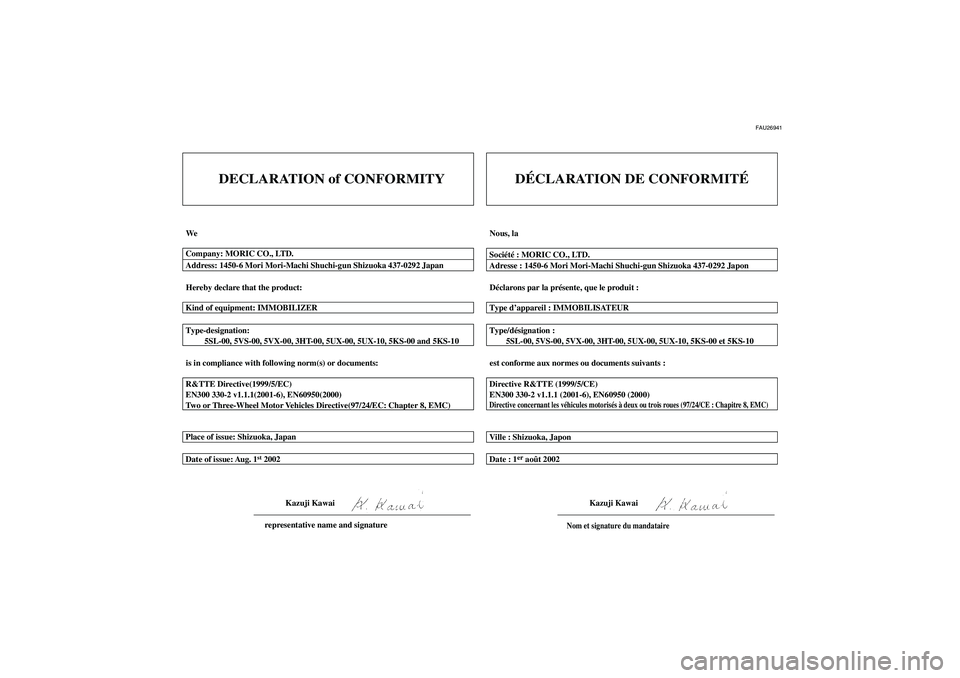 YAMAHA FZ6 S 2005  Notices Demploi (in French) FAU26941
DECLARATION of CONFORMITY
We
Hereby declare that the product:
is in compliance with following norm(s) or documents: Type-designation:
         5SL-00, 5VS-00, 5VX-00, 3HT-00, 5UX-00, 5UX-10, 