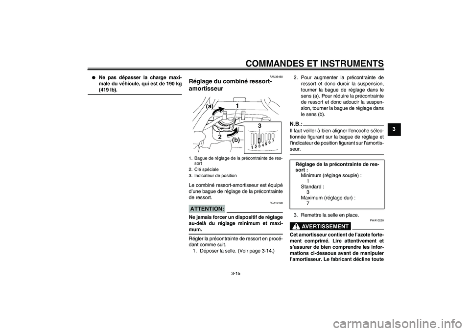 YAMAHA FZ6 S 2005  Notices Demploi (in French) COMMANDES ET INSTRUMENTS
3-15
3

Ne pas dépasser la charge maxi-
male du véhicule, qui est de 190 kg(419 lb).
FAU36460
Réglage du combiné ressort-
amortisseur Le combiné ressort-amortisseur est 