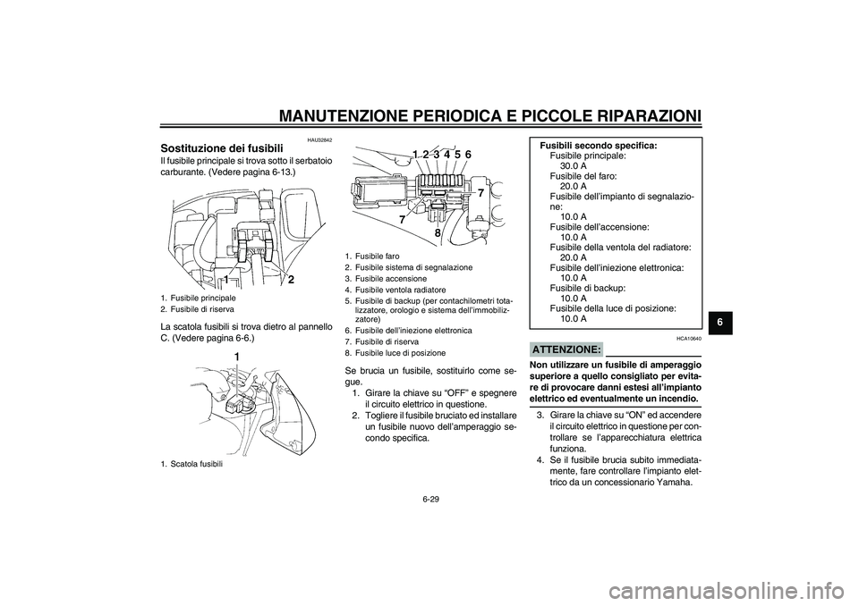 YAMAHA FZ6 S 2005 Manuale duso (in Italian) MANUTENZIONE PERIODICA E PICCOLE RIPARAZIONI
6-29
6
HAU32842
Sostituzione dei fusibili Il fusibile principale si trova sotto il serbatoio
carburante. (Vedere pagina 6-13.)
La scatola fusibili si trova YAMAHA FZ6 S 2005 Manuale duso (in Italian) MANUTENZIONE PERIODICA E PICCOLE RIPARAZIONI
6-29
6
HAU32842
Sostituzione dei fusibili Il fusibile principale si trova sotto il serbatoio
carburante. (Vedere pagina 6-13.)
La scatola fusibili si trova