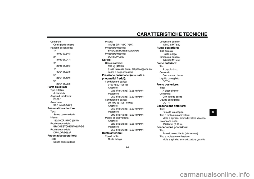 YAMAHA FZ6 S 2005  Manuale duso (in Italian) CARATTERISTICHE TECNICHE
8-2
8
Comando:
Con il piede sinistro
Rapporti di riduzione:
1ª:
37/13 (2.846)
2ª:
37/19 (1.947)
3ª:
28/18 (1.556)
4ª:
32/24 (1.333)
5ª:
25/21 (1.190)
6ª:
26/24 (1.083)Pa