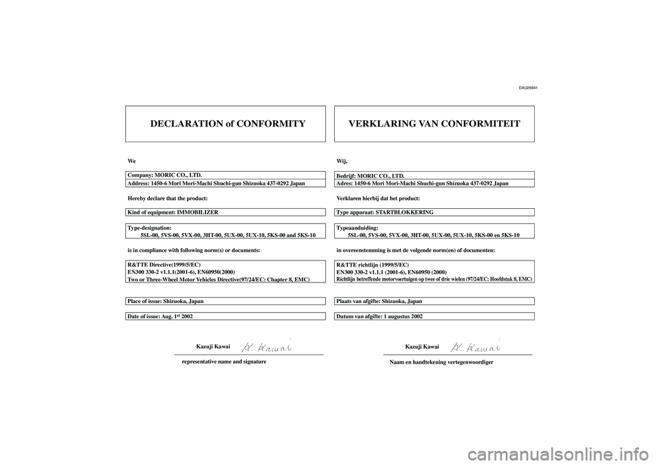 YAMAHA FZ6 S 2005  Instructieboekje (in Dutch) DAU26941
DECLARATION of CONFORMITY
We
Hereby declare that the product:
is in compliance with following norm(s) or documents: Type-designation:
         5SL-00, 5VS-00, 5VX-00, 3HT-00, 5UX-00, 5UX-10, 