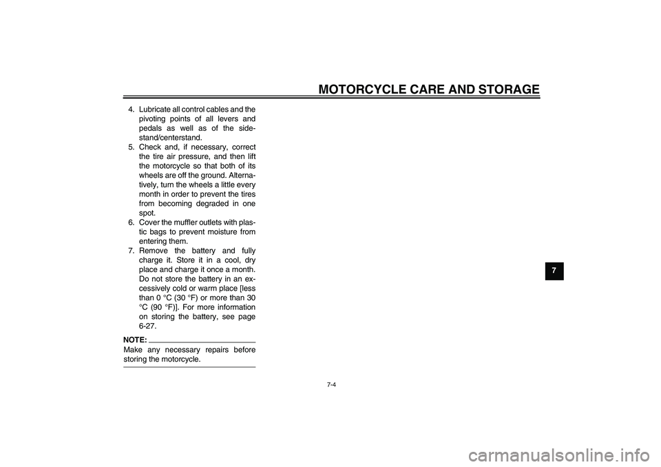 YAMAHA FZ6 S 2004  Owners Manual MOTORCYCLE CARE AND STORAGE
7-4
7 4. Lubricate all control cables and the
pivoting points of all levers and
pedals as well as of the side-
stand/centerstand.
5. Check and, if necessary, correct
the ti