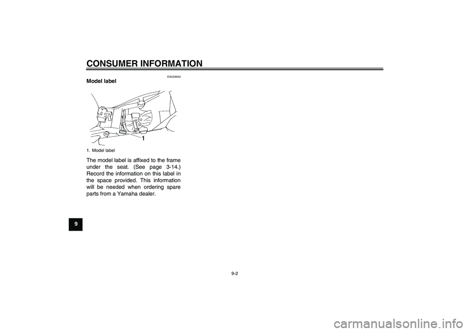 YAMAHA FZ6 S 2004 Manual Online CONSUMER INFORMATION
9-2
9
EAU26540
Model label 
The model label is affixed to the frame
under the seat. (See page 3-14.)
Record the information on this label in
the space provided. This information
w