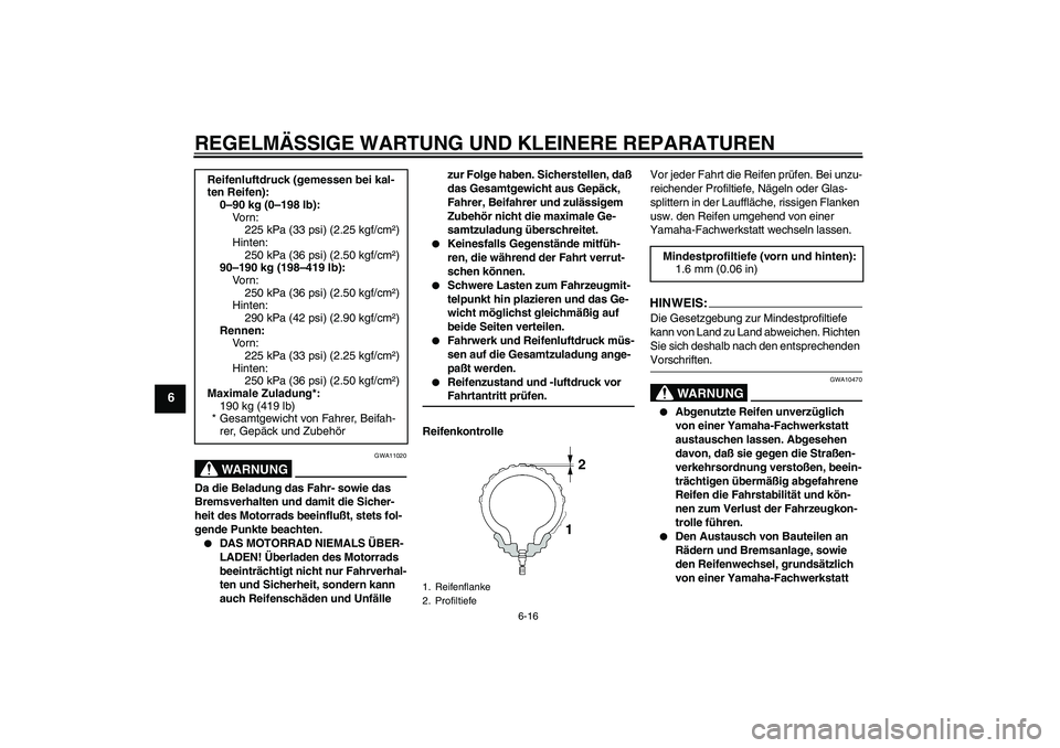 YAMAHA FZ6 S 2004  Betriebsanleitungen (in German) REGELMÄSSIGE WARTUNG UND KLEINERE REPARATUREN
6-16
6
WARNUNG
GWA11020
Da die Beladung das Fahr- sowie das 
Bremsverhalten und damit die Sicher-
heit des Motorrads beeinflußt, stets fol-
gende Punkte