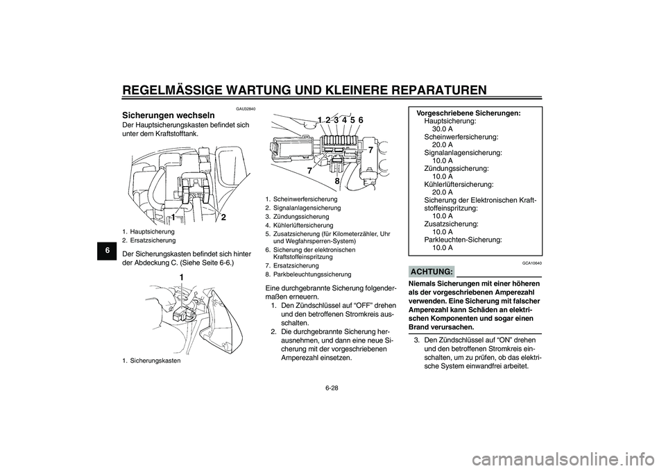 YAMAHA FZ6 S 2004  Betriebsanleitungen (in German) REGELMÄSSIGE WARTUNG UND KLEINERE REPARATUREN
6-28
6
GAU32840
Sicherungen wechseln Der Hauptsicherungskasten befindet sich 
unter dem Kraftstofftank.
Der Sicherungskasten befindet sich hinter 
der Ab