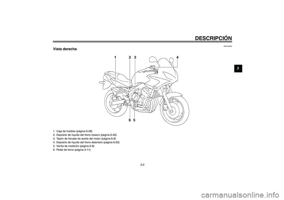 YAMAHA FZ6 S 2004  Manuale de Empleo (in Spanish) DESCRIPCIÓN
2-2
2
SAU10420
Vista derecha1. Caja de fusibles (página 6-28)
2. Depósito de líquido del freno trasero (página 6-20)
3. Tapón de llenado de aceite del motor (página 6-8)
4. Depósit