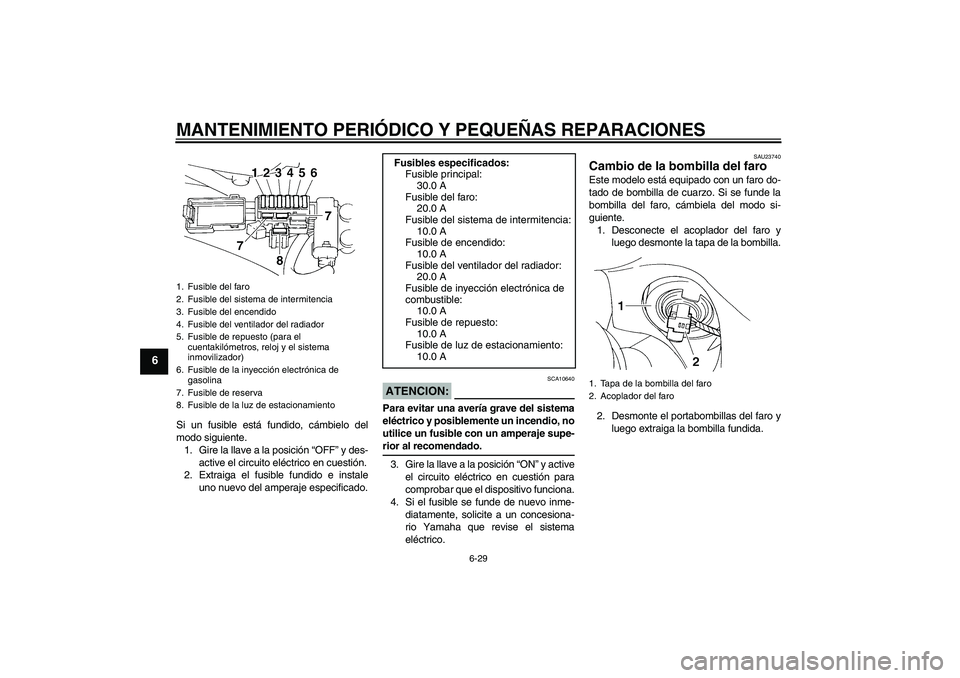 YAMAHA FZ6 S 2004  Manuale de Empleo (in Spanish) MANTENIMIENTO PERIÓDICO Y PEQUEÑAS REPARACIONES
6-29
6
Si un fusible está fundido, cámbielo del
modo siguiente.
1. Gire la llave a la posición “OFF” y des-
active el circuito eléctrico en cu