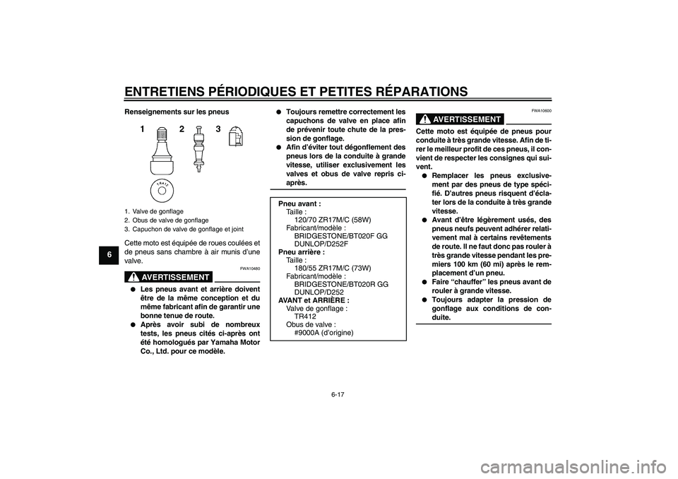 YAMAHA FZ6 S 2004  Notices Demploi (in French) ENTRETIENS PÉRIODIQUES ET PETITES RÉPARATIONS
6-17
6
Renseignements sur les pneus
Cette moto est équipée de roues coulées et
de pneus sans chambre à air munis d’une
valve.
AVERTISSEMENT
FWA104