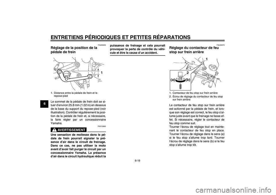 YAMAHA FZ6 S 2004  Notices Demploi (in French) ENTRETIENS PÉRIODIQUES ET PETITES RÉPARATIONS
6-19
6
FAU22250
Réglage de la position de la 
pédale de frein Le sommet de la pédale de frein doit se si-
tuer d’environ 25.8 mm (1.02 in) en desso