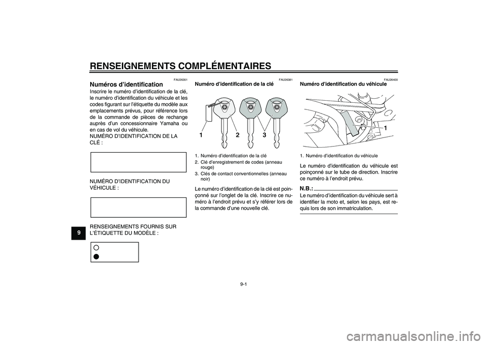 YAMAHA FZ6 S 2004 Notices Demploi (in French) RENSEIGNEMENTS COMPLÉMENTAIRES
9-1
9
FAU26351
Numéros d’identification Inscrire le numéro d’identification de la clé,
le numéro d’identification du véhicule et les
codes figurant sur l’à YAMAHA FZ6 S 2004 Notices Demploi (in French) RENSEIGNEMENTS COMPLÉMENTAIRES
9-1
9
FAU26351
Numéros d’identification Inscrire le numéro d’identification de la clé,
le numéro d’identification du véhicule et les
codes figurant sur l’Ã