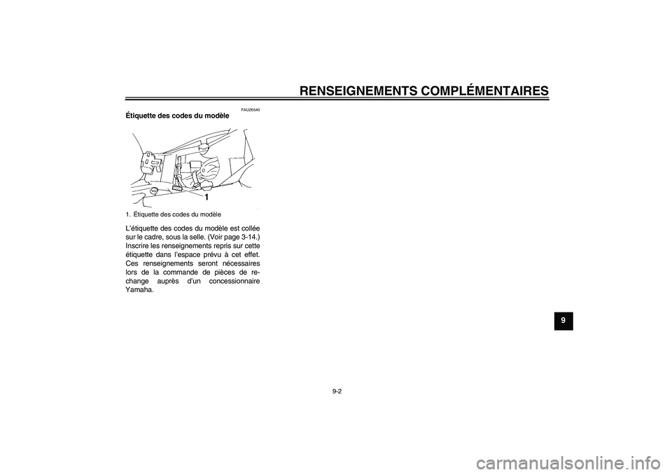 YAMAHA FZ6 S 2004  Notices Demploi (in French) RENSEIGNEMENTS COMPLÉMENTAIRES
9-2
9
FAU26540
Étiquette des codes du modèle 
L’étiquette des codes du modèle est collée
sur le cadre, sous la selle. (Voir page 3-14.)
Inscrire les renseignemen