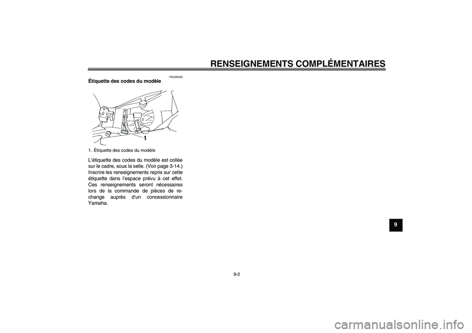 YAMAHA FZ6 S 2004 Notices Demploi (in French) RENSEIGNEMENTS COMPLÉMENTAIRES
9-2
9
FAU26540
Étiquette des codes du modèle
L’étiquette des codes du modèle est collée
sur le cadre, sous la selle. (Voir page 3-14.)
Inscrire les renseignemen YAMAHA FZ6 S 2004 Notices Demploi (in French) RENSEIGNEMENTS COMPLÉMENTAIRES
9-2
9
FAU26540
Étiquette des codes du modèle
L’étiquette des codes du modèle est collée
sur le cadre, sous la selle. (Voir page 3-14.)
Inscrire les renseignemen