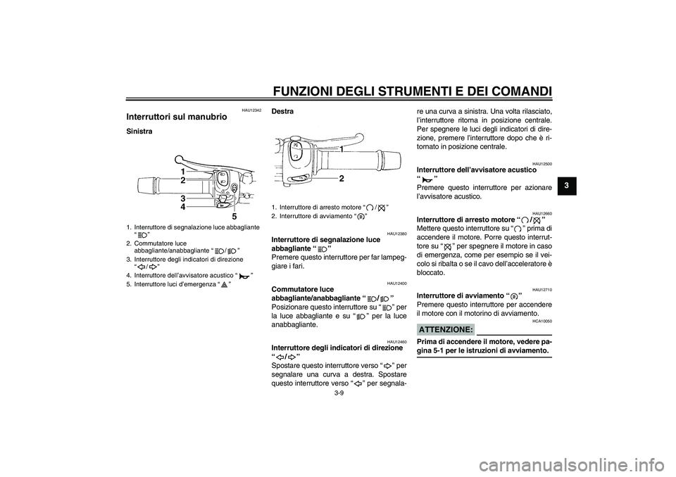 YAMAHA FZ6 S 2004  Manuale duso (in Italian) FUNZIONI DEGLI STRUMENTI E DEI COMANDI
3-9
3
HAU12342
Interruttori sul manubrio SinistraDestra
HAU12380
Interruttore di segnalazione luce 
abbagliante “” 
Premere questo interruttore per far lampe