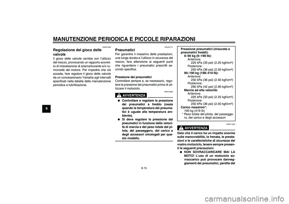 YAMAHA FZ6 S 2004  Manuale duso (in Italian) MANUTENZIONE PERIODICA E PICCOLE RIPARAZIONI
6-15
6
HAU21400
Regolazione del gioco delle 
valvole Il gioco delle valvole cambia con l’utilizzo
del mezzo, provocando un rapporto scorret-
to di miscel