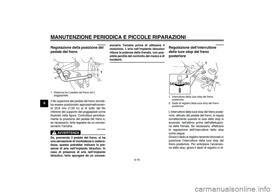 YAMAHA FZ6 S 2004  Manuale duso (in Italian) MANUTENZIONE PERIODICA E PICCOLE RIPARAZIONI
6-19
6
HAU22250
Regolazione della posizione del 
pedale del freno Il filo superiore del pedale del freno dovreb-
be essere posizionato approssimativamen-
t