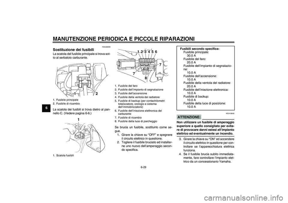 YAMAHA FZ6 S 2004 Manuale duso (in Italian) MANUTENZIONE PERIODICA E PICCOLE RIPARAZIONI
6-29
6
HAU32840
Sostituzione dei fusibili La scatola del fusibile principale si trova sot-
to al serbatoio carburante.
La scatola dei fusibili si trova die YAMAHA FZ6 S 2004 Manuale duso (in Italian) MANUTENZIONE PERIODICA E PICCOLE RIPARAZIONI
6-29
6
HAU32840
Sostituzione dei fusibili La scatola del fusibile principale si trova sot-
to al serbatoio carburante.
La scatola dei fusibili si trova die