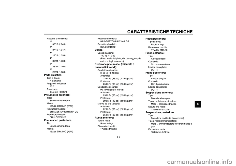 YAMAHA FZ6 S 2004  Manuale duso (in Italian) CARATTERISTICHE TECNICHE
8-2
8
Rapporti di riduzione:
1ª:
37/13 (2.846)
2ª:
37/19 (1.947)
3ª:
28/18 (1.556)
4ª:
32/24 (1.333)
5ª:
25/21 (1.190)
6ª:
26/24 (1.083)Parte ciclistica:Tipo di telaio:
