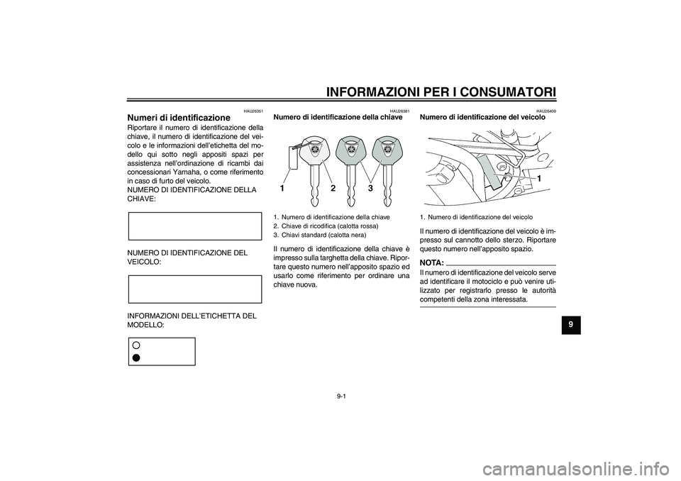 YAMAHA FZ6 S 2004 Manuale duso (in Italian) INFORMAZIONI PER I CONSUMATORI
9-1
9
HAU26351
Numeri di identificazione Riportare il numero di identificazione della
chiave, il numero di identificazione del vei-
colo e le informazioni dell’etichet YAMAHA FZ6 S 2004 Manuale duso (in Italian) INFORMAZIONI PER I CONSUMATORI
9-1
9
HAU26351
Numeri di identificazione Riportare il numero di identificazione della
chiave, il numero di identificazione del vei-
colo e le informazioni dell’etichet