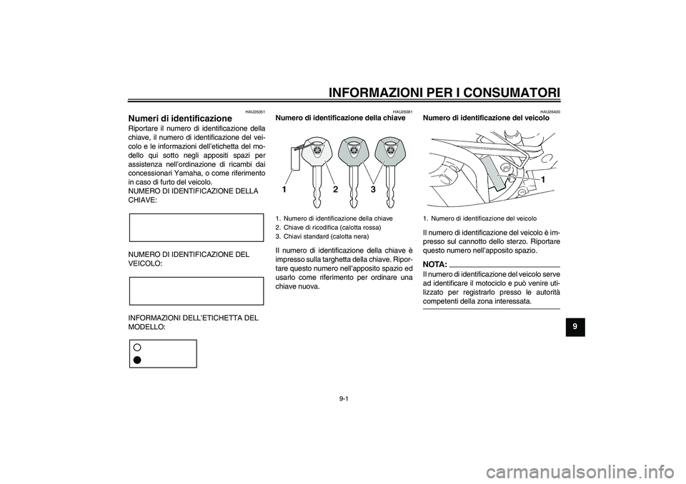 YAMAHA FZ6 S 2004  Manuale duso (in Italian) INFORMAZIONI PER I CONSUMATORI
9-1
9
HAU26351
Numeri di identificazione Riportare il numero di identificazione della
chiave, il numero di identificazione del vei-
colo e le informazioni dell’etichet