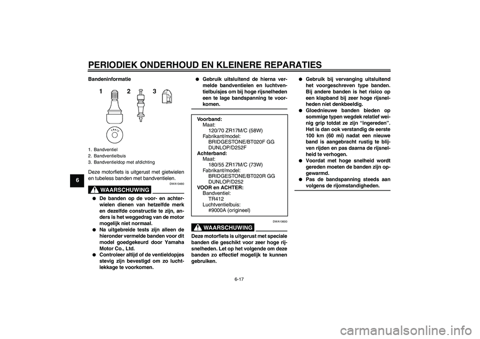 YAMAHA FZ6 S 2004  Instructieboekje (in Dutch) PERIODIEK ONDERHOUD EN KLEINERE REPARATIES
6-17
6
Bandeninformatie
Deze motorfiets is uitgerust met gietwielen
en tubeless banden met bandventielen.
WAARSCHUWING
DWA10480

De banden op de voor- en ac