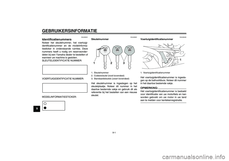 YAMAHA FZ6 S 2004  Instructieboekje (in Dutch) GEBRUIKERSINFORMATIE
9-1
9
DAU26351
Identificatienummers Noteer het sleutelnummer, het voertuigi-
dentificatienummer en de modelinforma-
tiesticker in onderstaande ruimtes. Deze
nummers heeft u nodig 