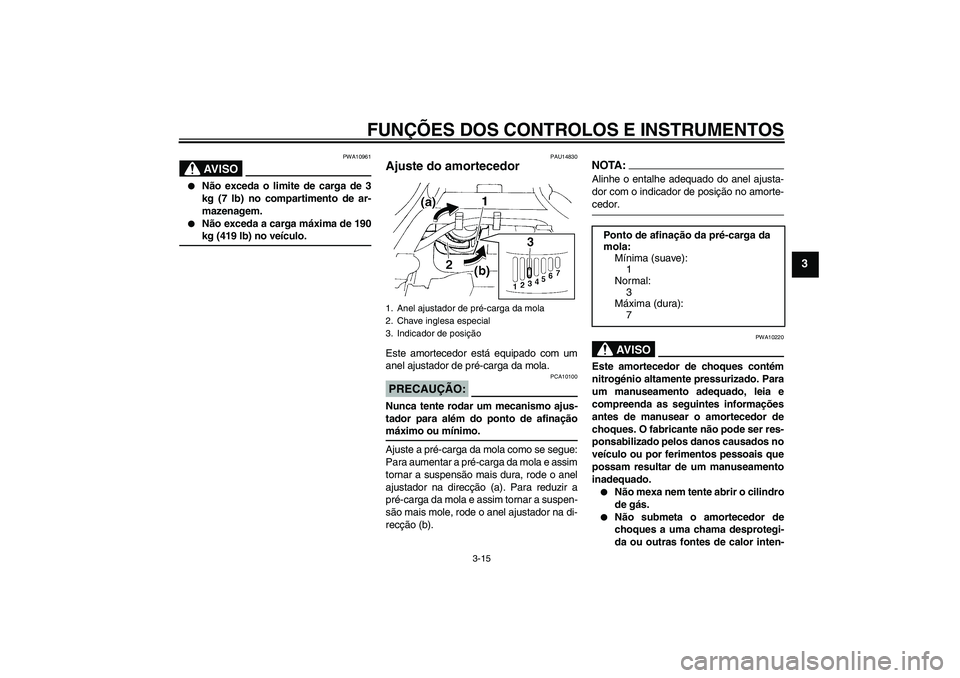 YAMAHA FZ6 S 2004  Manual de utilização (in Portuguese) FUNÇÕES DOS CONTROLOS E INSTRUMENTOS
3-15
3
AV I S O
PWA10961

Não exceda o limite de carga de 3
kg (7 lb) no compartimento de ar-
mazenagem.

Não exceda a carga máxima de 190kg (419 lb) no ve