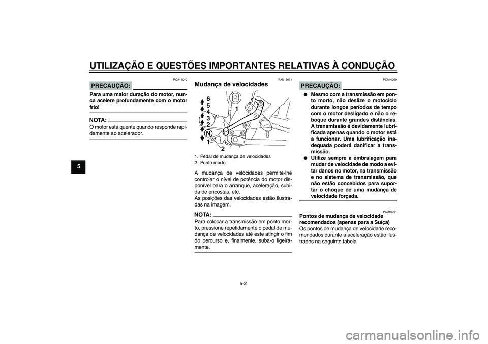 YAMAHA FZ6 S 2004  Manual de utilização (in Portuguese) UTILIZAÇÃO E QUESTÕES IMPORTANTES RELATIVAS À CONDUÇÃO
5-2
5
PRECAUÇÃO:
PCA11040
Para uma maior duração do motor, nun-
ca acelere profundamente com o motorfrio!NOTA:O motor está quente quan