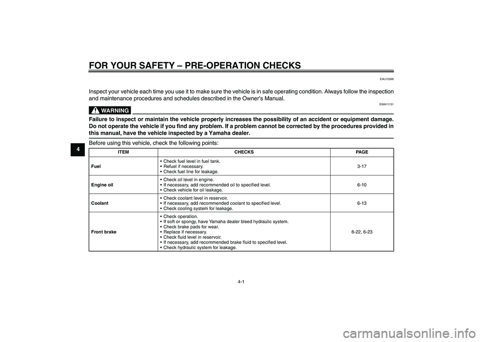 YAMAHA FZ6 SHG 2009 Owners Guide FOR YOUR SAFETY – PRE-OPERATION CHECKS
4-1
4
EAU15596
Inspect your vehicle each time you use it to make sure the vehicle is in safe operating condition. Always follow the inspection
and maintenance 