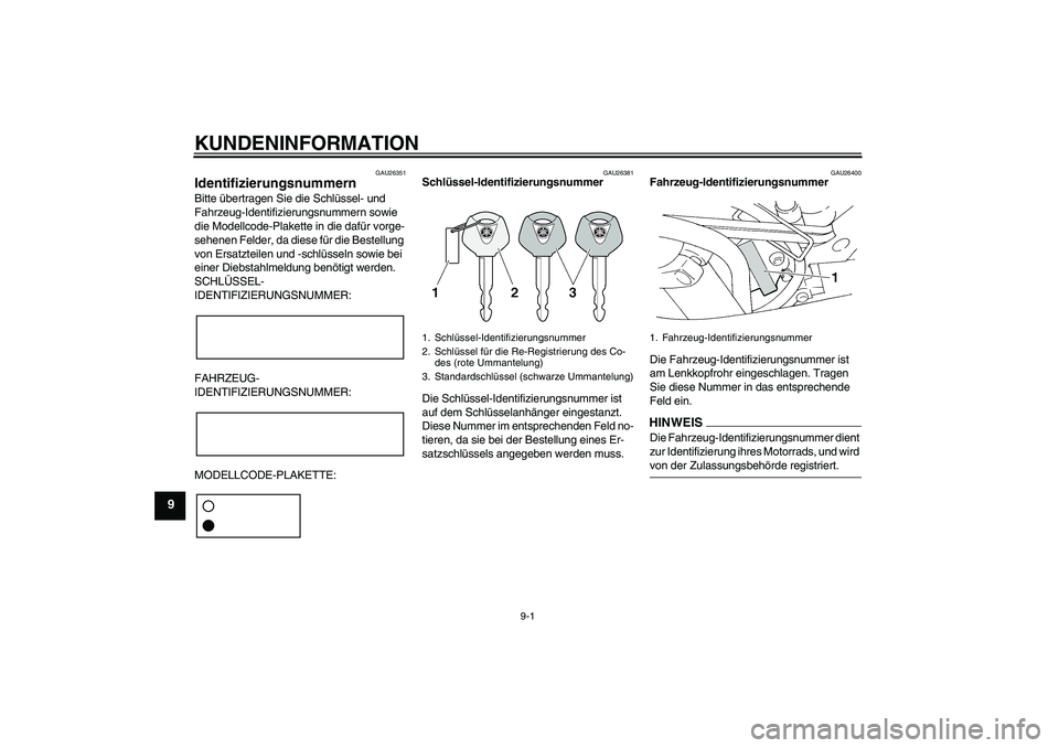 YAMAHA FZ6 SHG 2009 Betriebsanleitungen (in German) KUNDENINFORMATION
9-1
9
GAU26351
Identifizierungsnummern Bitte übertragen Sie die Schlüssel- und
Fahrzeug-Identifizierungsnummern sowie
die Modellcode-Plakette in die dafür vorge-
sehenen Felder, YAMAHA FZ6 SHG 2009 Betriebsanleitungen (in German) KUNDENINFORMATION
9-1
9
GAU26351
Identifizierungsnummern Bitte übertragen Sie die Schlüssel- und
Fahrzeug-Identifizierungsnummern sowie
die Modellcode-Plakette in die dafür vorge-
sehenen Felder,