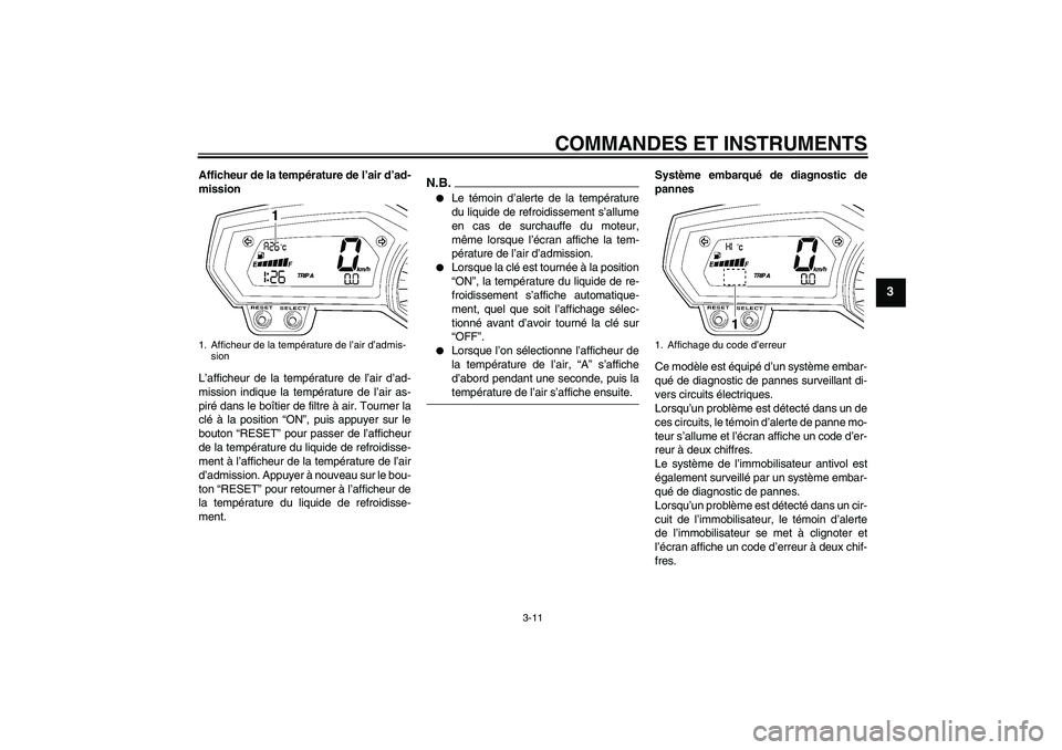 YAMAHA FZ6 SHG 2009 Notices Demploi (in French) COMMANDES ET INSTRUMENTS
3-11
3
Afficheur de la température de l’air d’ad-
mission
L’afficheur de la température de l’air d’ad-
mission indique la température de l’air as-
piré dans le YAMAHA FZ6 SHG 2009 Notices Demploi (in French) COMMANDES ET INSTRUMENTS
3-11
3
Afficheur de la température de l’air d’ad-
mission
L’afficheur de la température de l’air d’ad-
mission indique la température de l’air as-
piré dans le