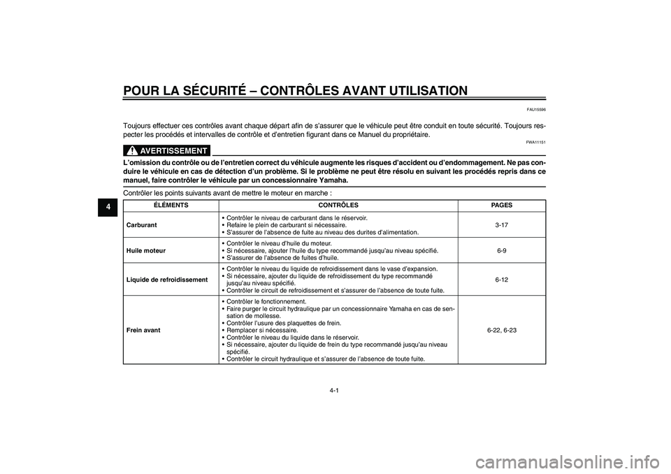 YAMAHA FZ6 SHG 2009  Notices Demploi (in French) POUR LA SÉCURITÉ – CONTRÔLES AVANT UTILISATION
4-1
4
FAU15596
Toujours effectuer ces contrôles avant chaque départ afin de s’assurer que le véhicule peut être conduit en toute sécurité. T