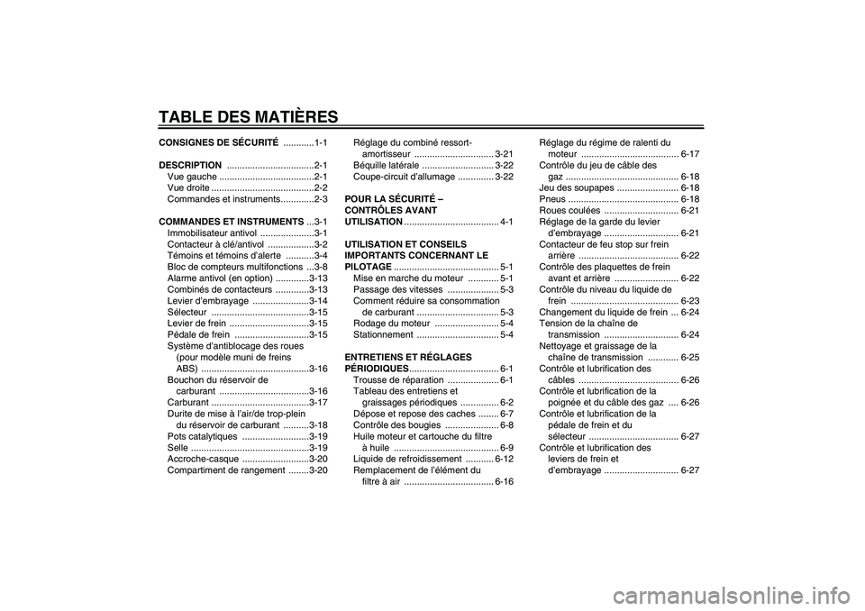 YAMAHA FZ6 SHG 2009  Notices Demploi (in French) TABLE DES MATIÈRESCONSIGNES DE SÉCURITÉ ............1-1
DESCRIPTION ..................................2-1
Vue gauche .....................................2-1
Vue droite ............................