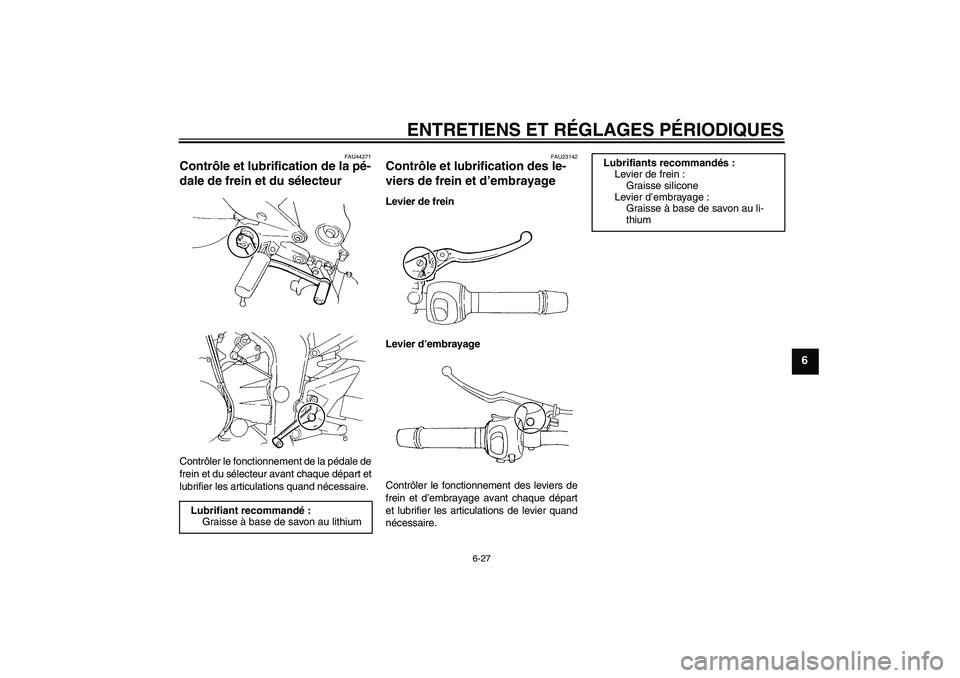 YAMAHA FZ6 SHG 2009  Notices Demploi (in French) ENTRETIENS ET RÉGLAGES PÉRIODIQUES
6-27
6
FAU44271
Contrôle et lubrification de la pé-
dale de frein et du sélecteur Contrôler le fonctionnement de la pédale de
frein et du sélecteur avant cha