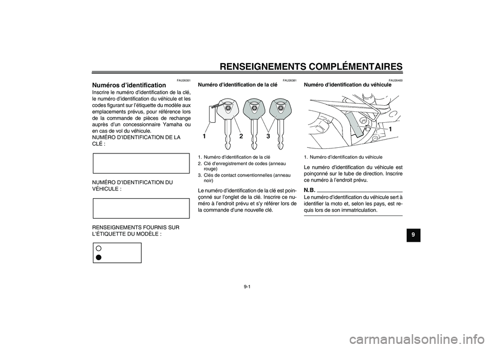 YAMAHA FZ6 SHG 2009 Notices Demploi (in French) RENSEIGNEMENTS COMPLÉMENTAIRES
9-1
9
FAU26351
Numéros d’identification Inscrire le numéro d’identification de la clé,
le numéro d’identification du véhicule et les
codes figurant sur l’à YAMAHA FZ6 SHG 2009 Notices Demploi (in French) RENSEIGNEMENTS COMPLÉMENTAIRES
9-1
9
FAU26351
Numéros d’identification Inscrire le numéro d’identification de la clé,
le numéro d’identification du véhicule et les
codes figurant sur l’Ã